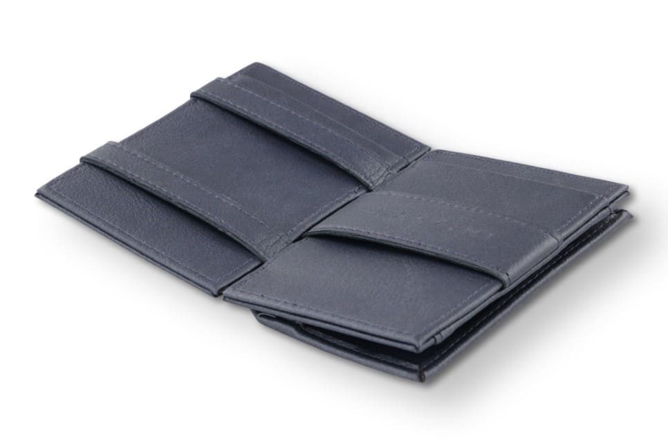 Open view of the  Essenziale Magic Coin Wallet Vegan in Cactus Blue with the money strap to secure money.