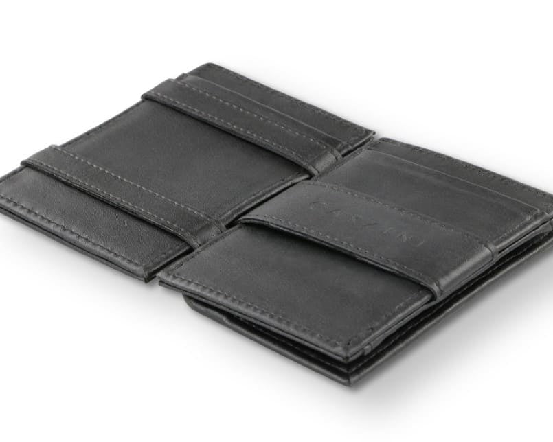 Open view of the  Essenziale Magic Coin Wallet Vegan in Cactus Black with the money strap to secure money.