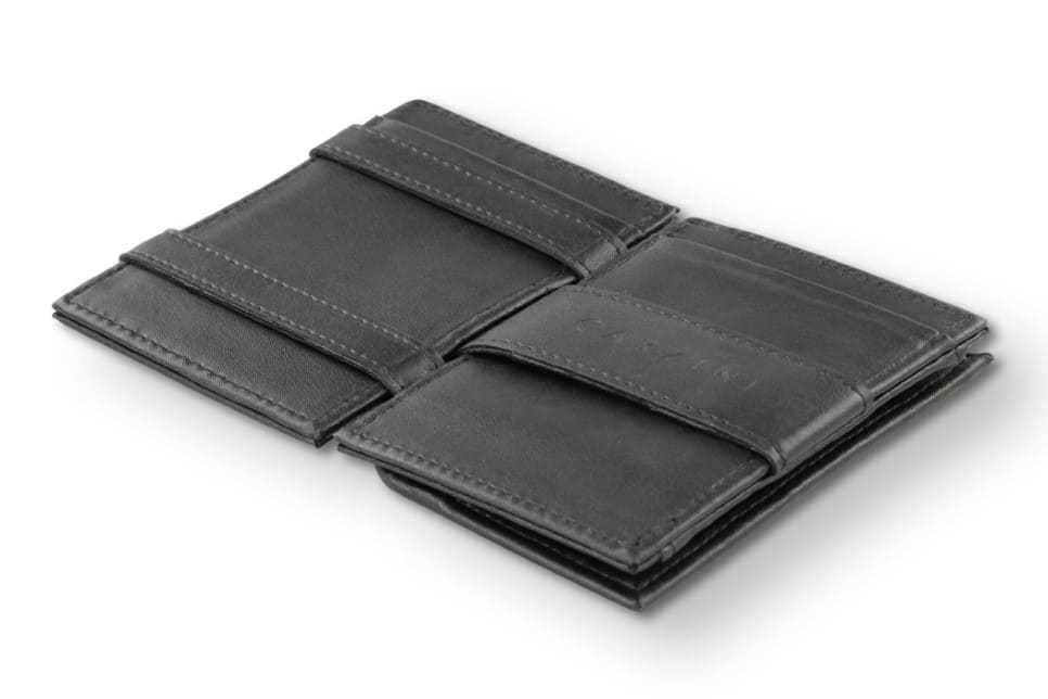 Open view of the  Essenziale Magic Coin Wallet Vegan in Cactus Black with the money strap to secure money.