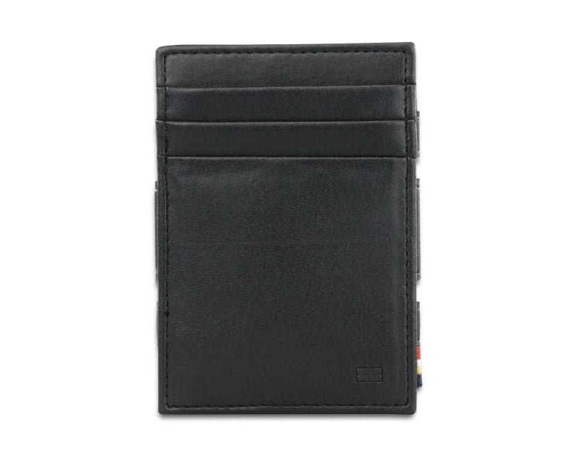 Front view of the Essenziale Magic Coin Wallet Vegan in Cactus Black with 3 front pockets for cards.