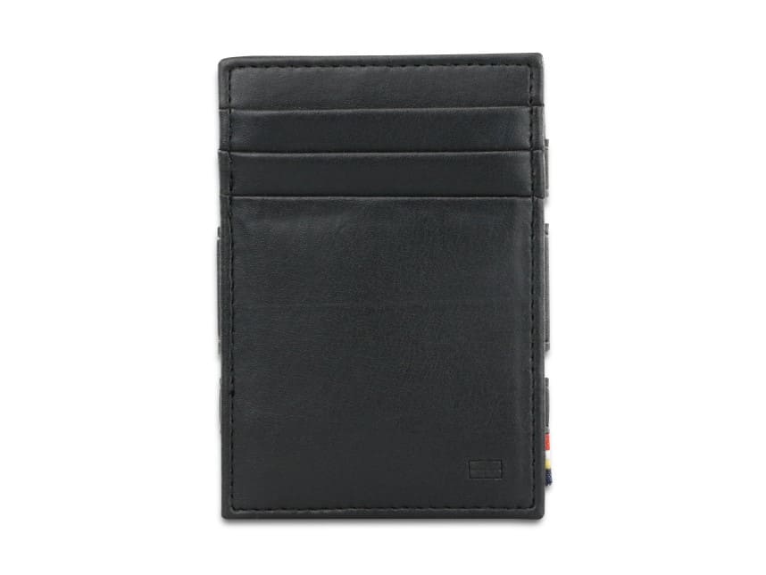 Front view of the Essenziale Magic Coin Wallet Vegan in Cactus Black with 3 front pockets for cards.
