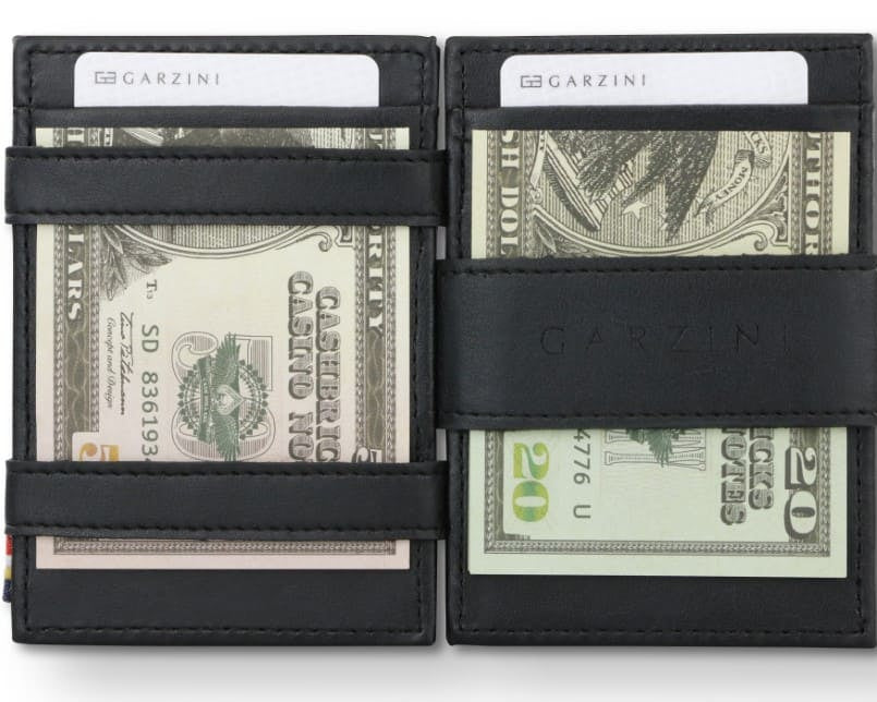 Open view of Essenziale Magic Coin Wallet Vegan in Cactus Black with money inside.
