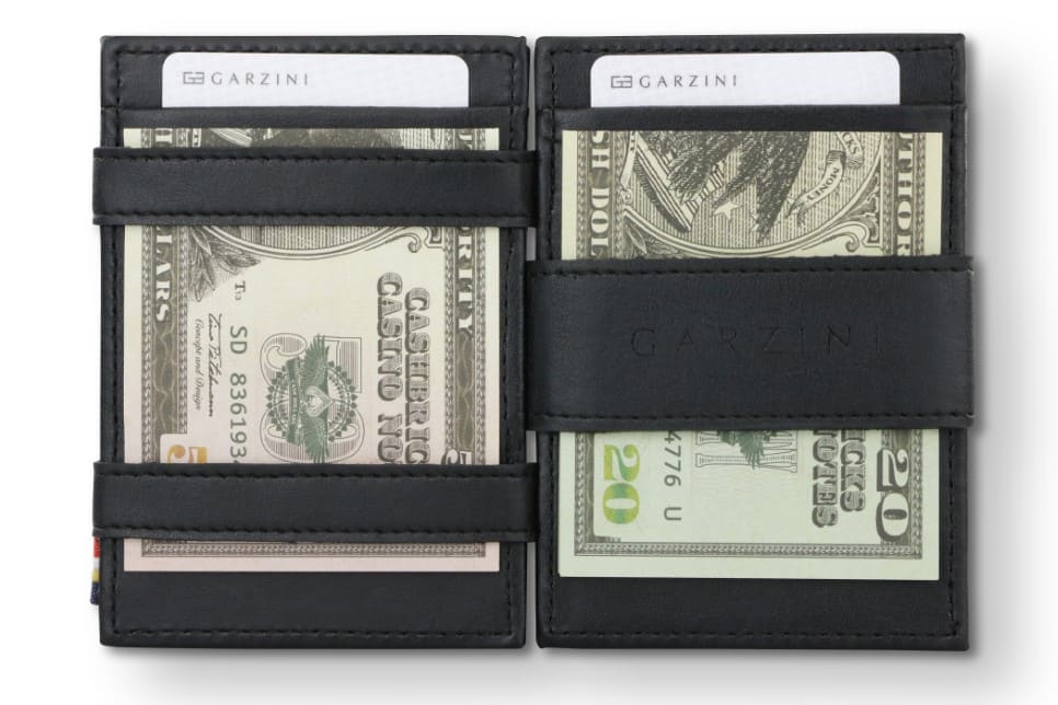 Open view of Essenziale Magic Coin Wallet Vegan in Cactus Black with money inside.