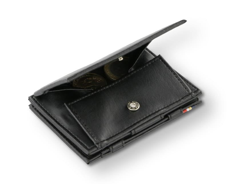 Back view of Essenziale Magic Coin Wallet Vegan in Cactus Black with open coin pocket.