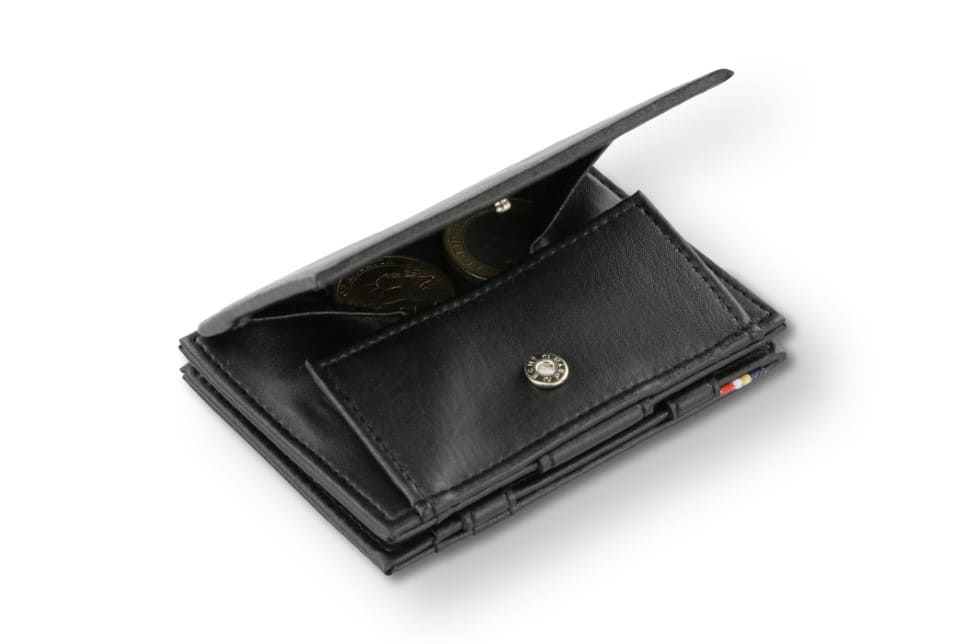 Back view of Essenziale Magic Coin Wallet Vegan in Cactus Black with open coin pocket.