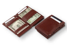 Front and open view of Essenziale Magic Coin Wallet Vegan in Cactus Burgundy with pull tab, coin pocket, and money straps.