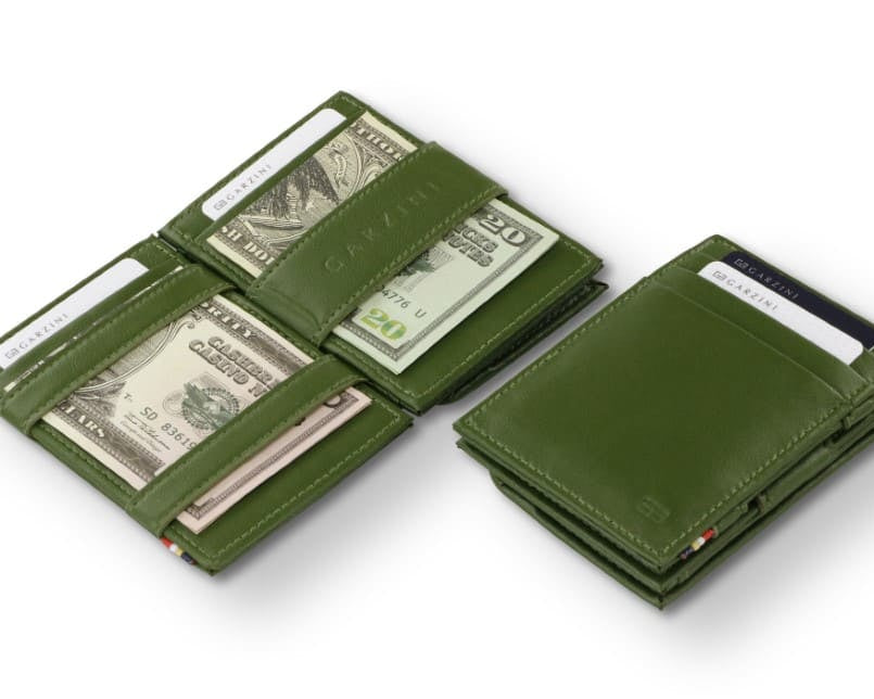 Front and open view of Essenziale Magic Coin Wallet Vegan in Cactus Green with pull tab, coin pocket, and money straps.