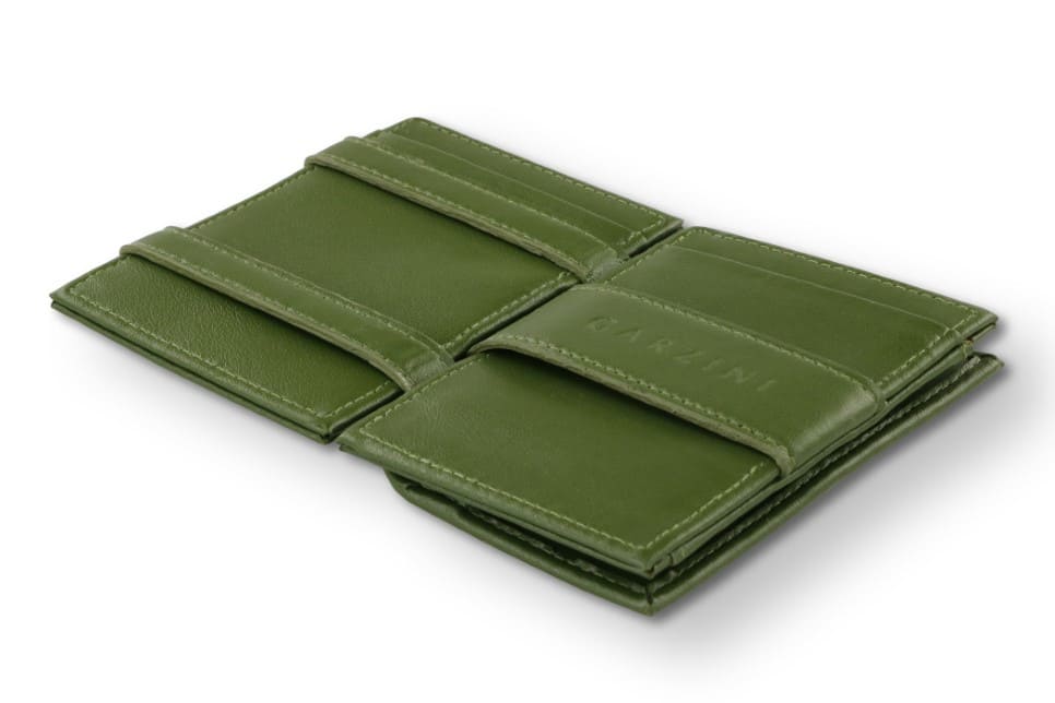 Open view of the  Essenziale Magic Coin Wallet Vegan in Cactus Green with the money strap to secure money.