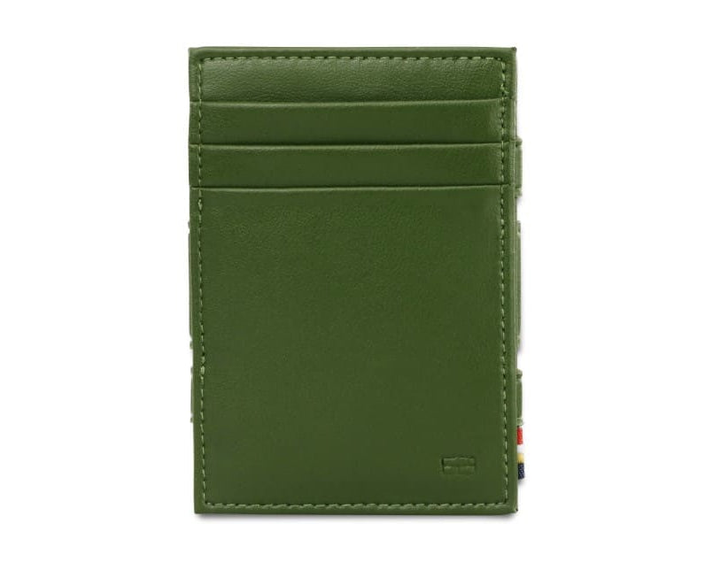Front view of the Essenziale Magic Coin Wallet Vegan in Cactus Green with 3 front pockets for cards.