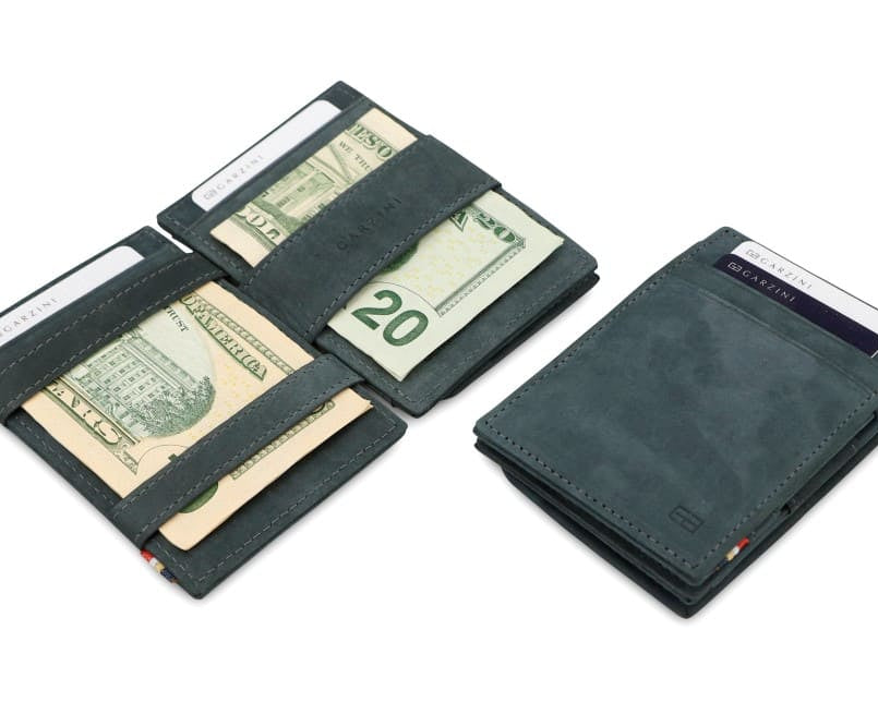 Front and open view of Essenziale Magic Coin Wallet in Carbon Black with pull tab, coin pocket, and money straps.