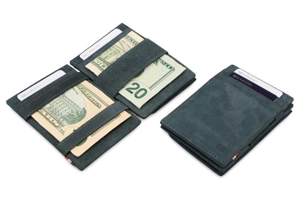 Front and open view of Essenziale Magic Coin Wallet in Carbon Black with pull tab, coin pocket, and money straps.