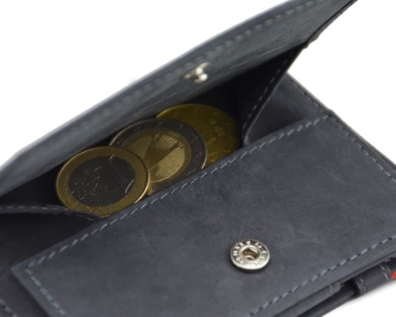 Back view of Essenziale Magic Coin Wallet in Carbon Black with open coin pocket.