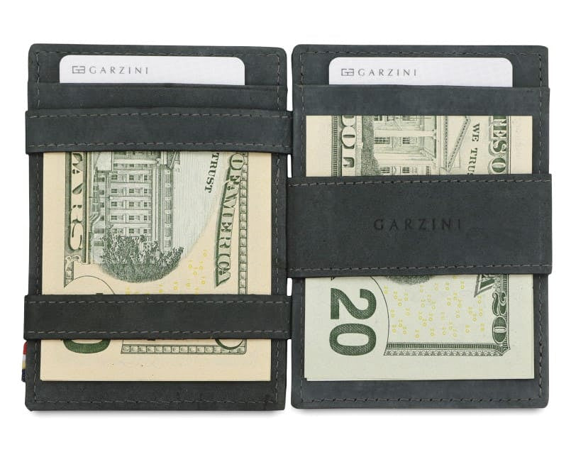 Open view of Essenziale Magic Coin Wallet in Carbon Black with money inside.