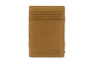 Front view of the Essenziale Magic Coin Wallet in Camel Brown with 3 front pockets for cards.