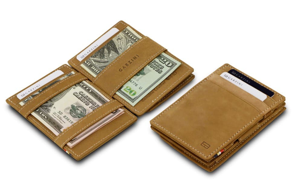 Front and open view of Essenziale Magic Coin Wallet in Camel Brown with pull tab, coin pocket, and money straps.