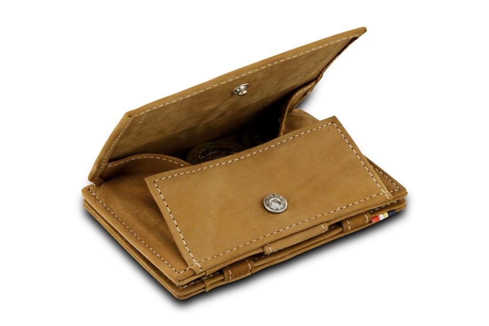 Back view of Essenziale Magic Coin Wallet in Camel Brown with open coin pocket.