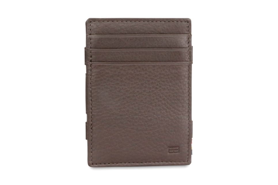 Front view of the Essenziale Magic Coin Wallet Nappa in Chocolate Brown with 3 front pockets for cards.