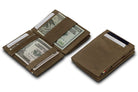 Front and open view of Essenziale Magic Coin Wallet in Java Brown with pull tab, coin pocket, and money straps.