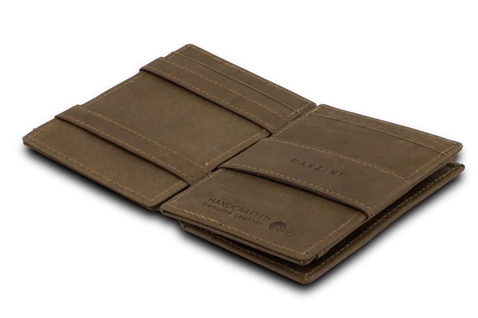 Open view of the  Essenziale Magic Coin Wallet in Java Brown with the money strap to secure money.