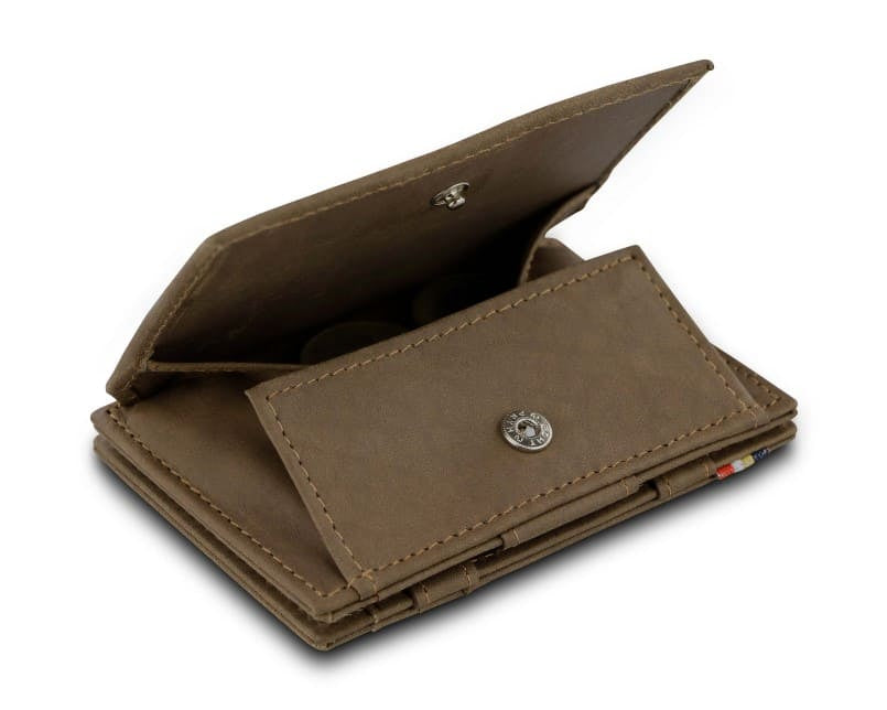 Back view of Essenziale Magic Coin Wallet in Java Brown with open coin pocket.