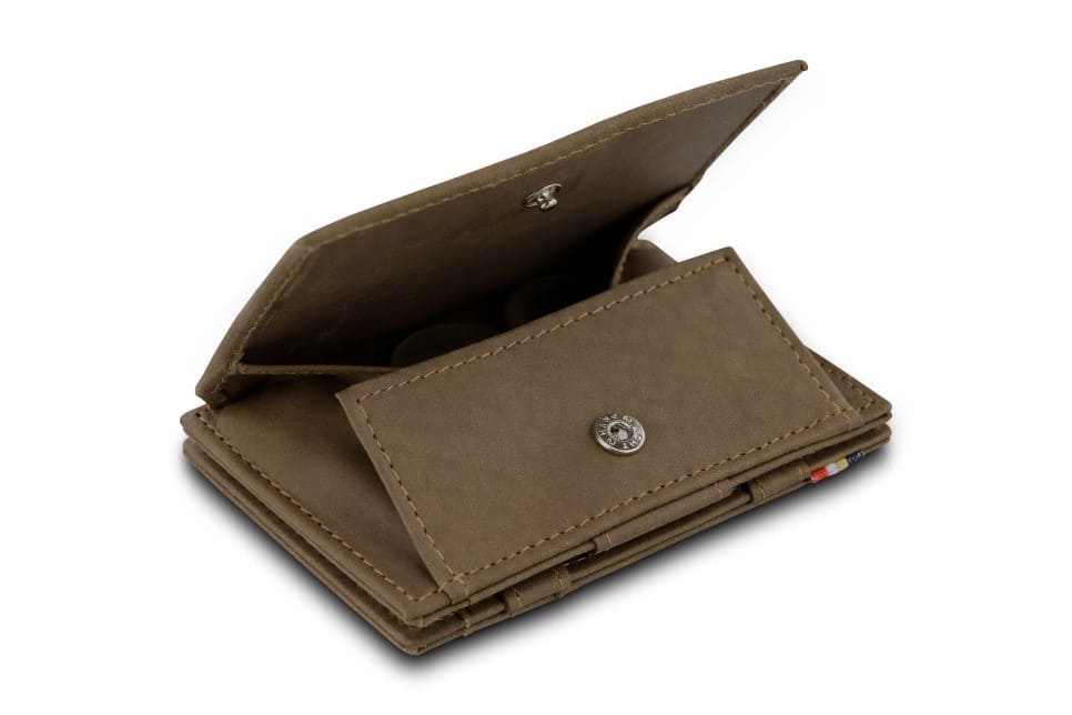 Back view of Essenziale Magic Coin Wallet in Java Brown with open coin pocket.