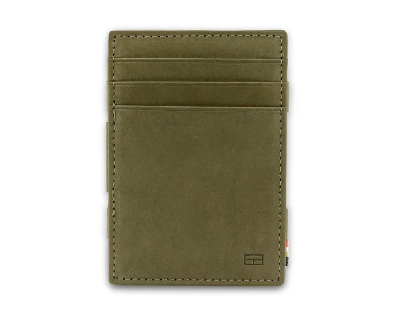 Front view of the Essenziale Magic Coin Wallet in Olive Green with 3 front pockets for cards.