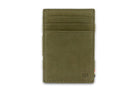 Front view of the Essenziale Magic Coin Wallet in Olive Green with 3 front pockets for cards.