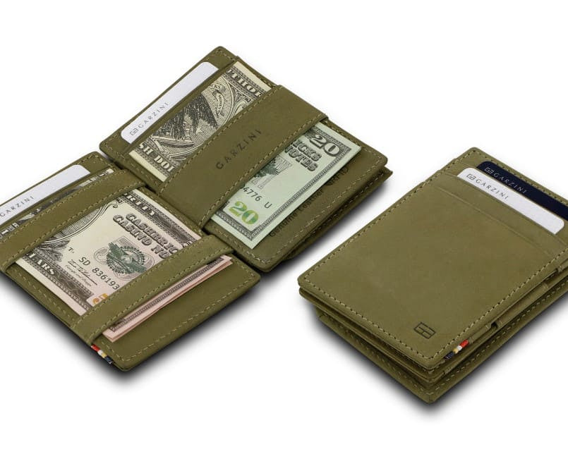 Front and open view of Essenziale Magic Coin Wallet in Olive Green with pull tab, coin pocket, and money straps.