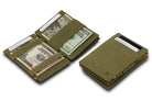 Front and open view of Essenziale Magic Coin Wallet in Olive Green with pull tab, coin pocket, and money straps.
