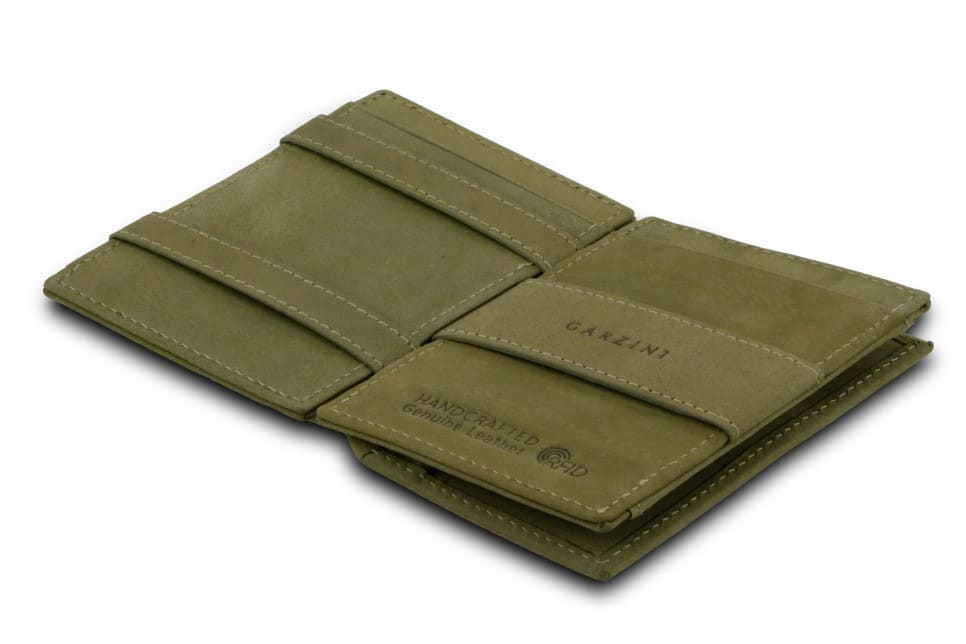 Open view of the  Essenziale Magic Coin Wallet in Olive Green with the money strap to secure money.