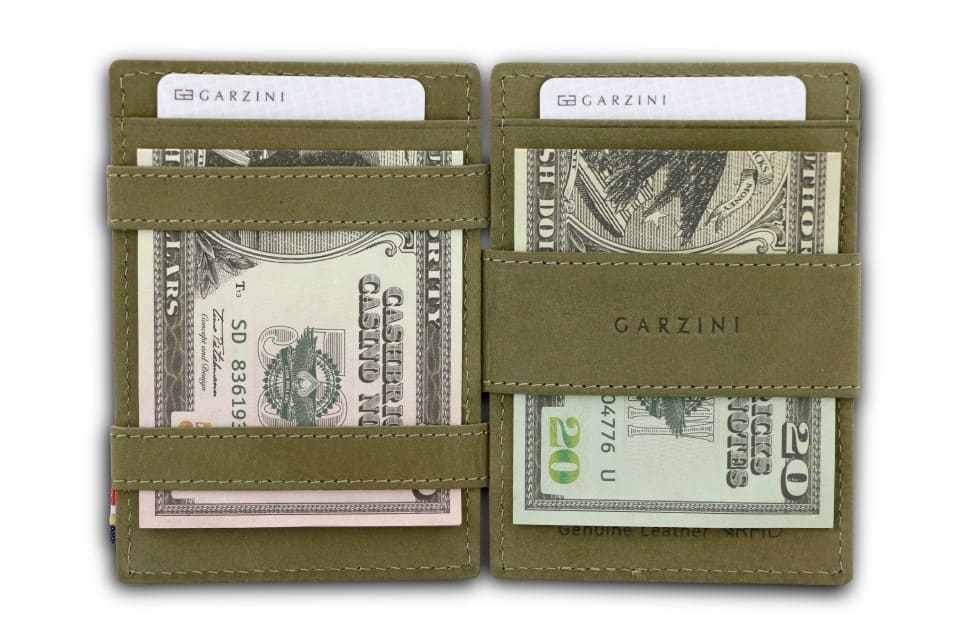 Open view of Essenziale Magic Coin Wallet in Olive Green with money inside.