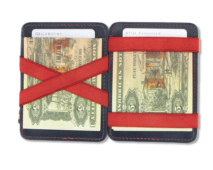 Open view of the Urban Magic Coin Wallet in Blue-Red with money.
