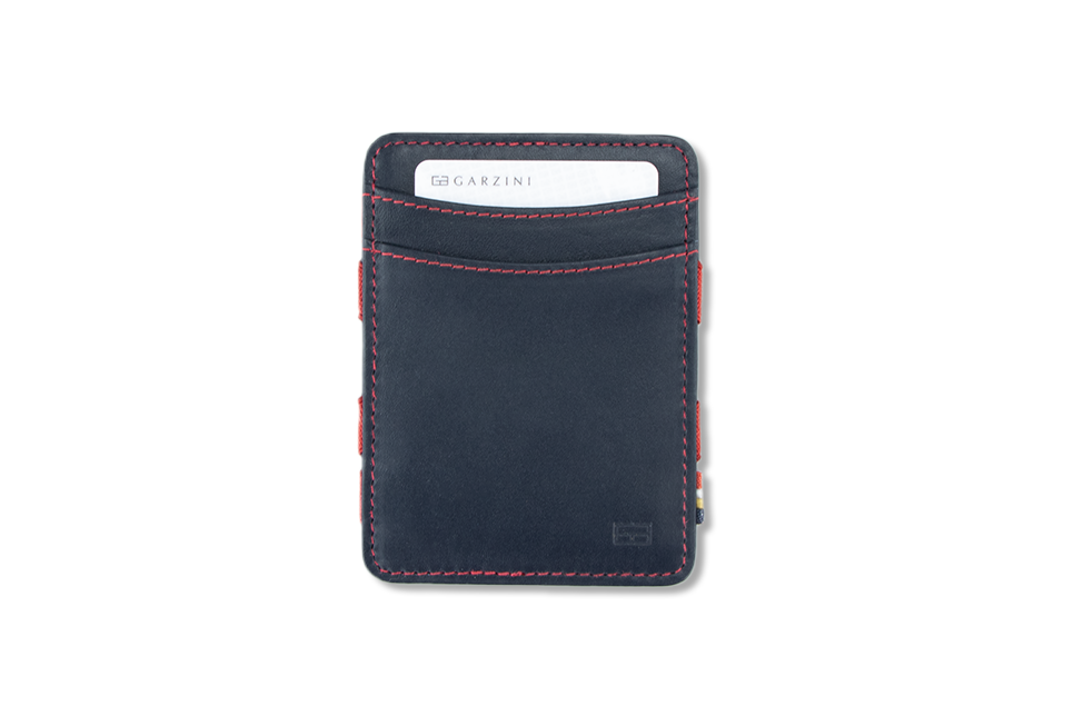 Front view with card of the Urban Magic Coin Wallet in Blue-Red.