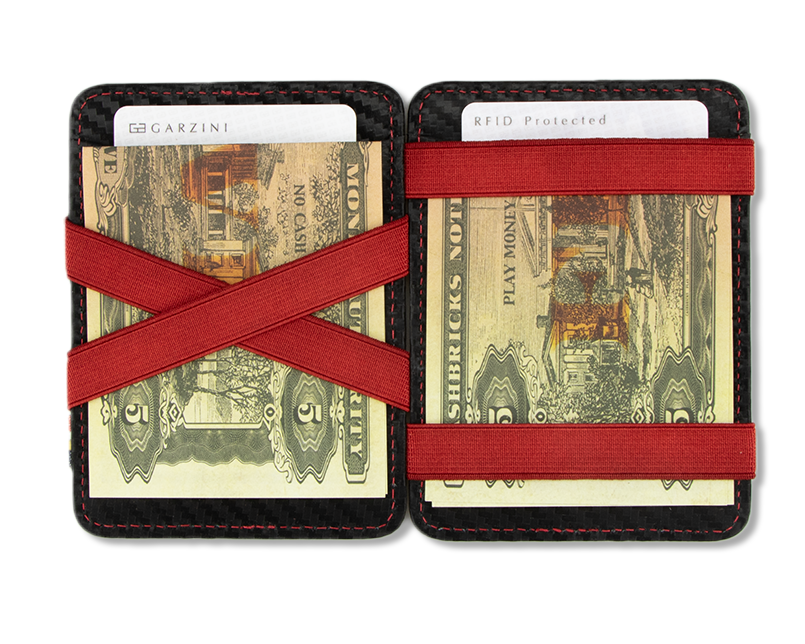 Open view of the Urban Magic Coin Wallet in Carbon-Red with money.