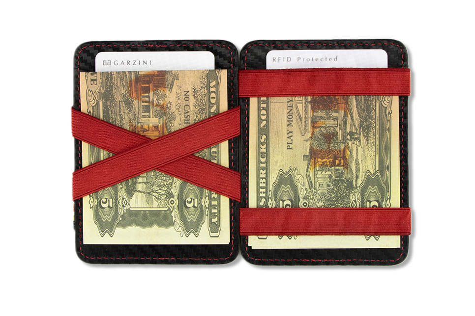 Open view of the Urban Magic Coin Wallet in Carbon-Red with money.
