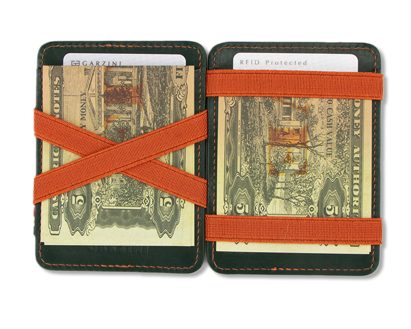 Open view of the Urban Magic Coin Wallet in Green-Orange with money.
