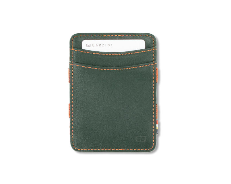 Front view with card of the Urban Magic Coin Wallet in Green-Orange.