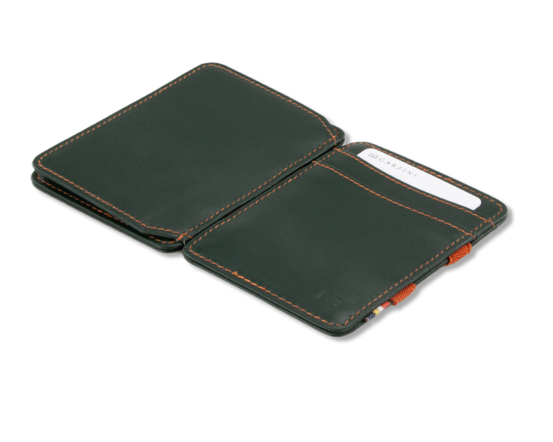 Front and back view of the Urban Magic Coin Wallet in Green-Orange.