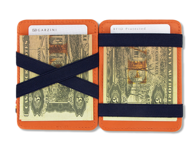 Open view of the Urban Magic Coin Wallet in Orange-Blue with money.