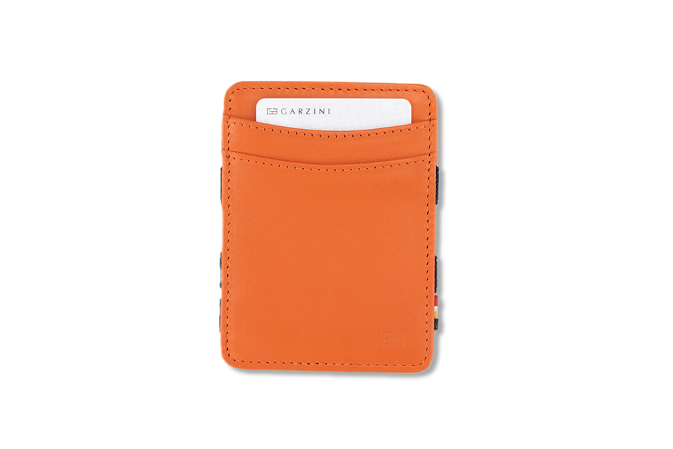 Front view with card of the Urban Magic Coin Wallet in Orange-Blue.