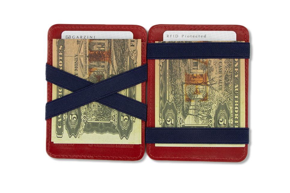 Open view of the Urban Magic Coin Wallet in Red-Blue with money.