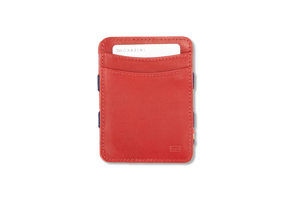Front view with card of the Urban Magic Coin Wallet in Red-Blue.