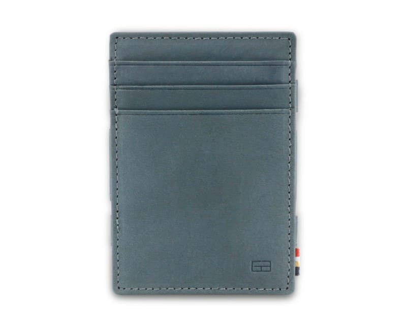 Front view of the Essenziale Magic Coin Wallet in Sapphire Blue with 3 front pockets for cards.