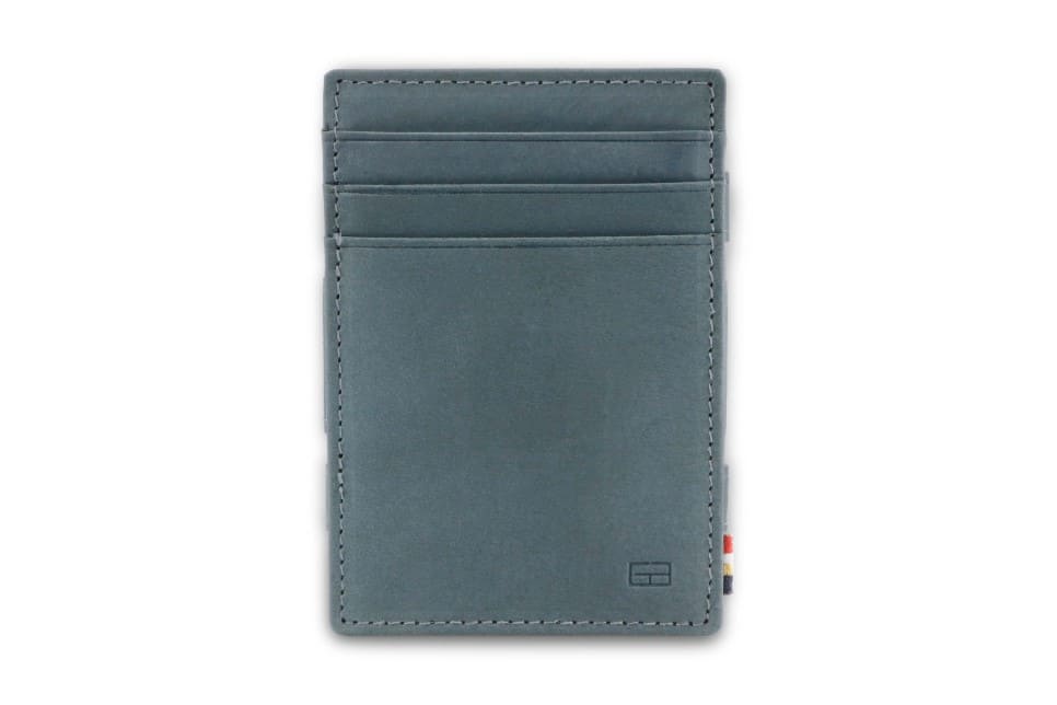 Front view of the Essenziale Magic Coin Wallet in Sapphire Blue with 3 front pockets for cards.