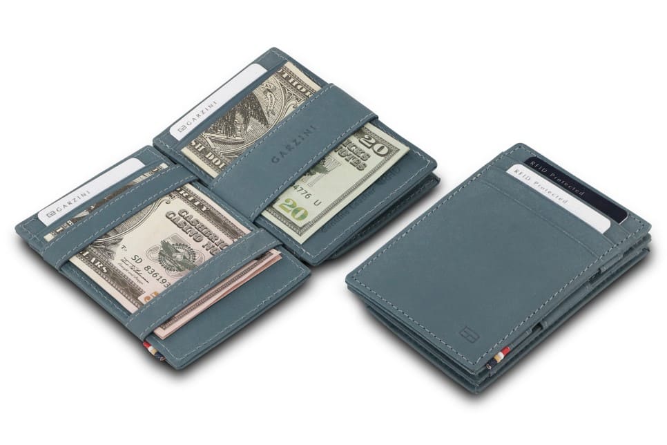 Front and open view of Essenziale Magic Coin Wallet in Sapphire Blue with pull tab, coin pocket, and money straps.