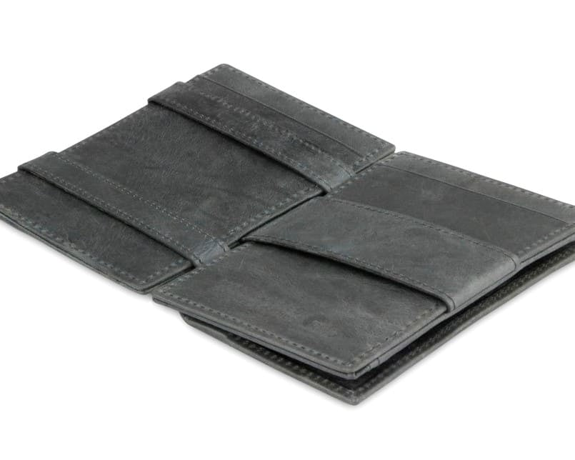 Open Cavare Magic Coin Wallet Card Sleeve Brushed  in Brushed Black with pull tab, back coin pocket, and money straps.