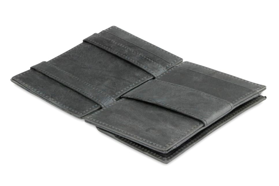 Open Cavare Magic Coin Wallet Card Sleeve Brushed  in Brushed Black with pull tab, back coin pocket, and money straps.