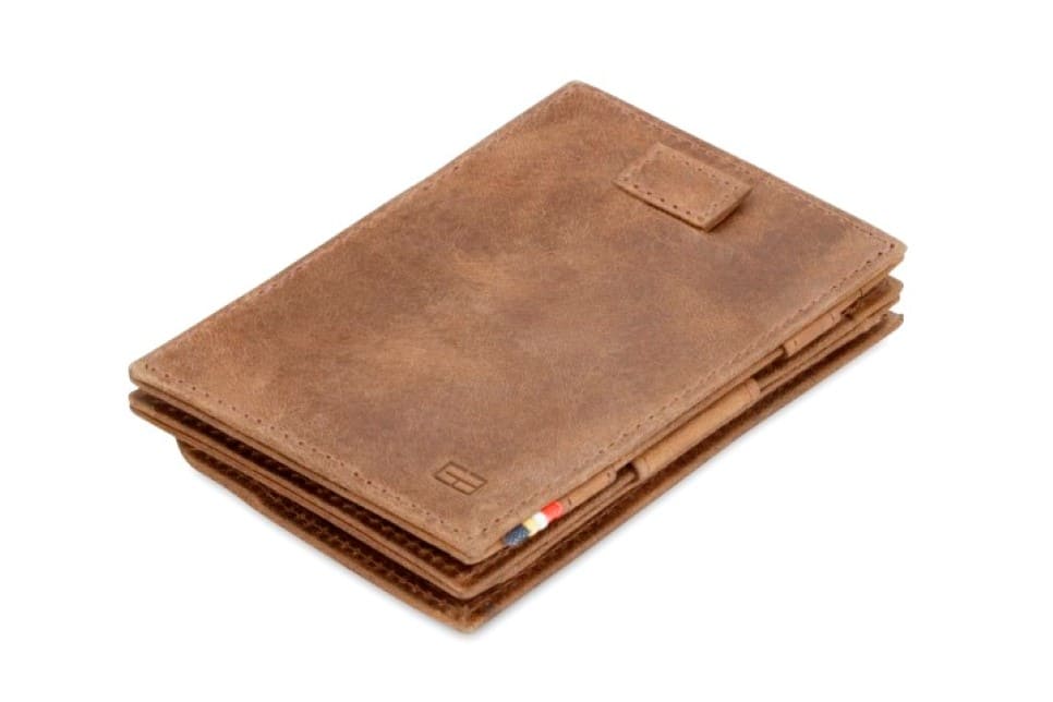 Front view of Cavare Magic Coin Wallet Card Sleeve Brushed in Brushed Brown with pull tab.