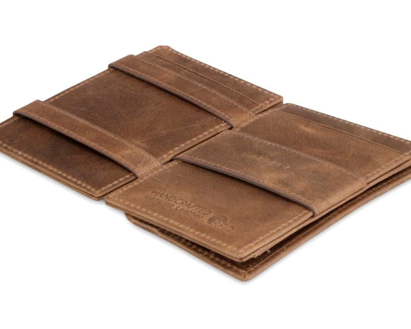 Open Cavare Magic Coin Wallet Card Sleeve Brushed  in Brushed Brown with pull tab, back coin pocket, and money straps.