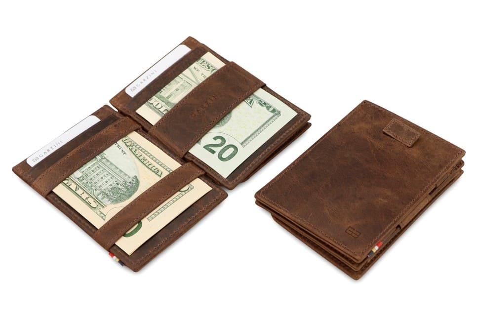 Front and open view of Cavare Magic Coin Wallet Card Sleeve in Brushed Brown with pull tab, coin pocket, and money straps.